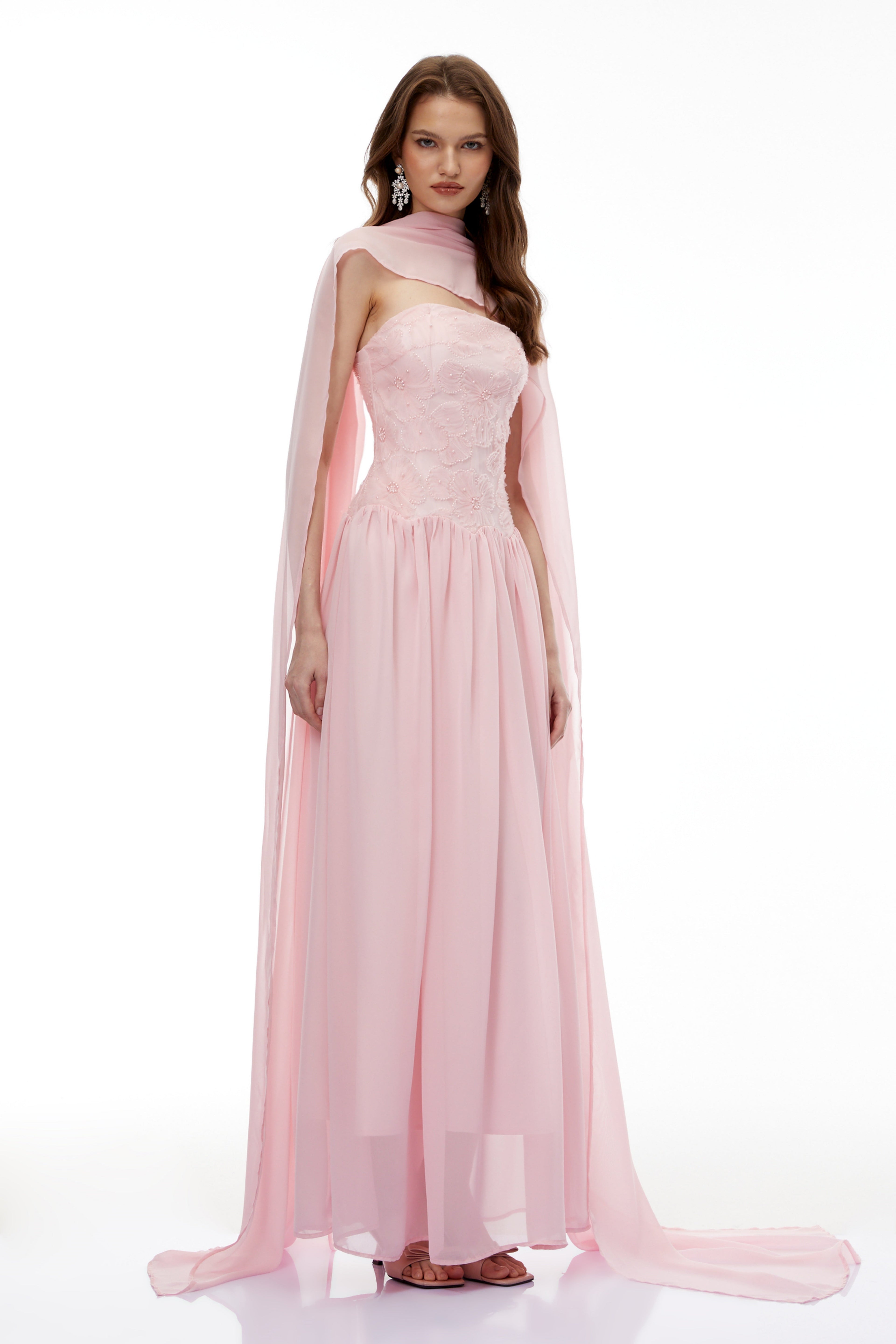 Rebecca Pink Floral Embroidered Pleated Maxi Dress Avalabel