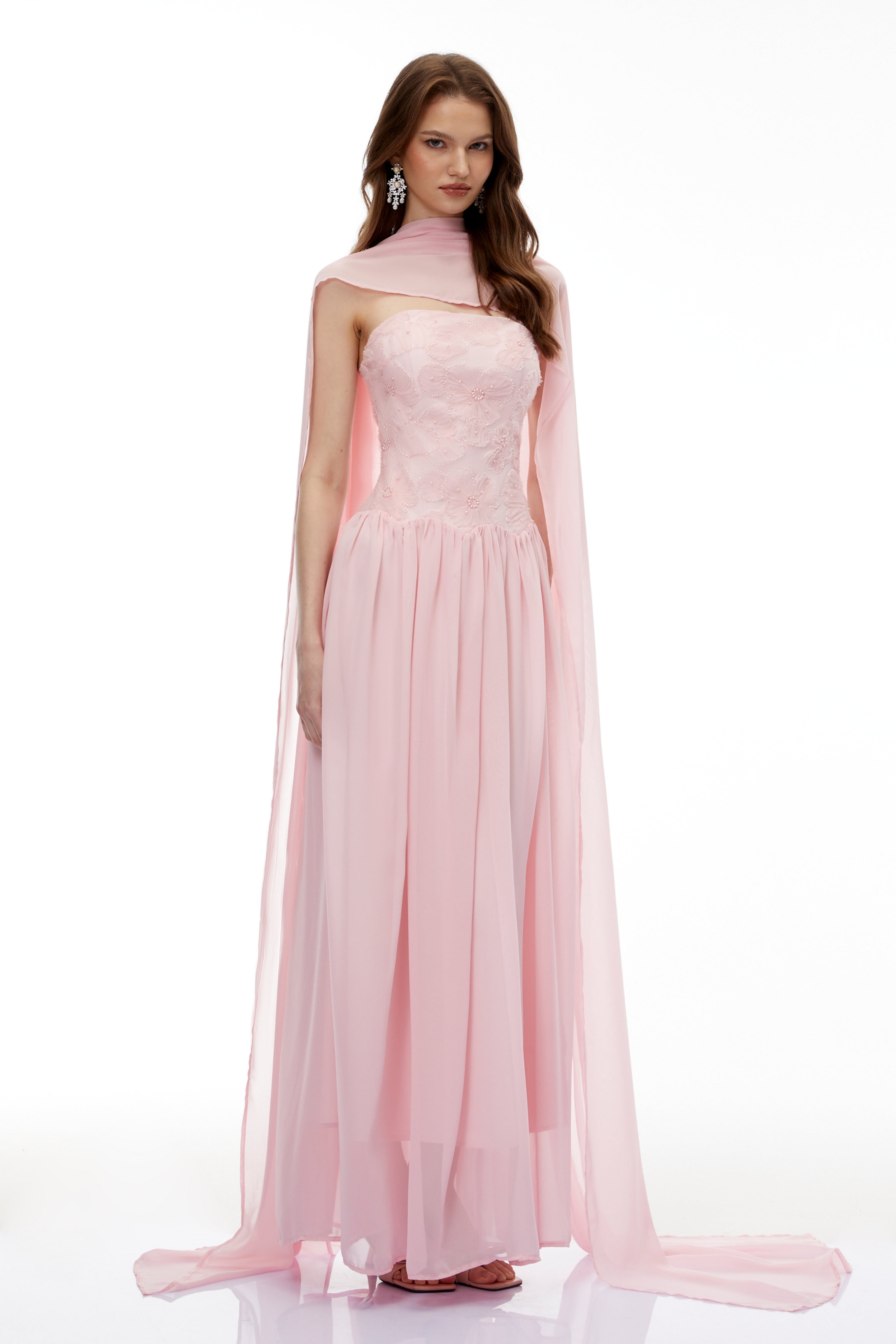 Rebecca Pink Floral Embroidered Pleated Maxi Dress Avalabel