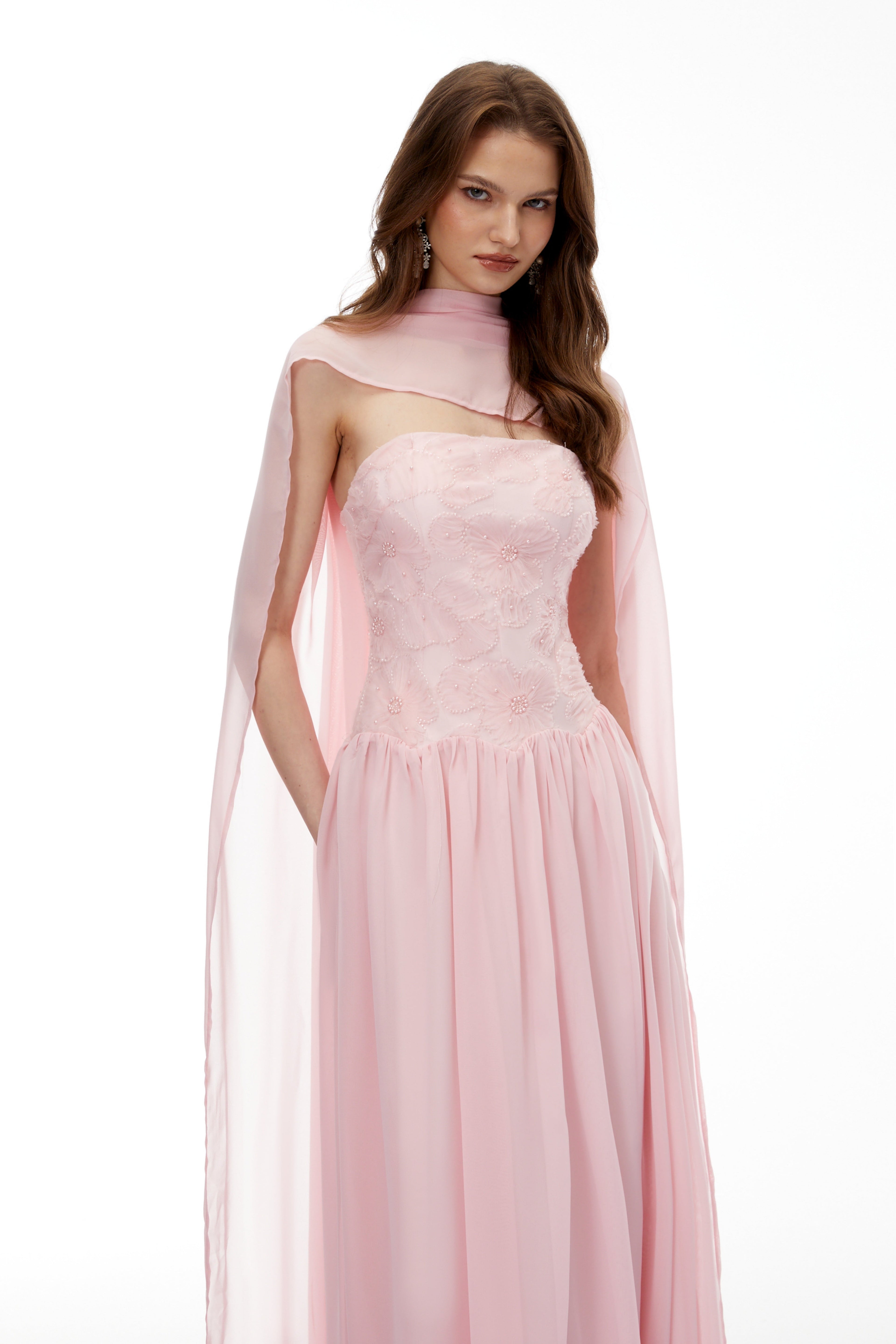 Rebecca Pink Floral Embroidered Pleated Maxi Dress Avalabel