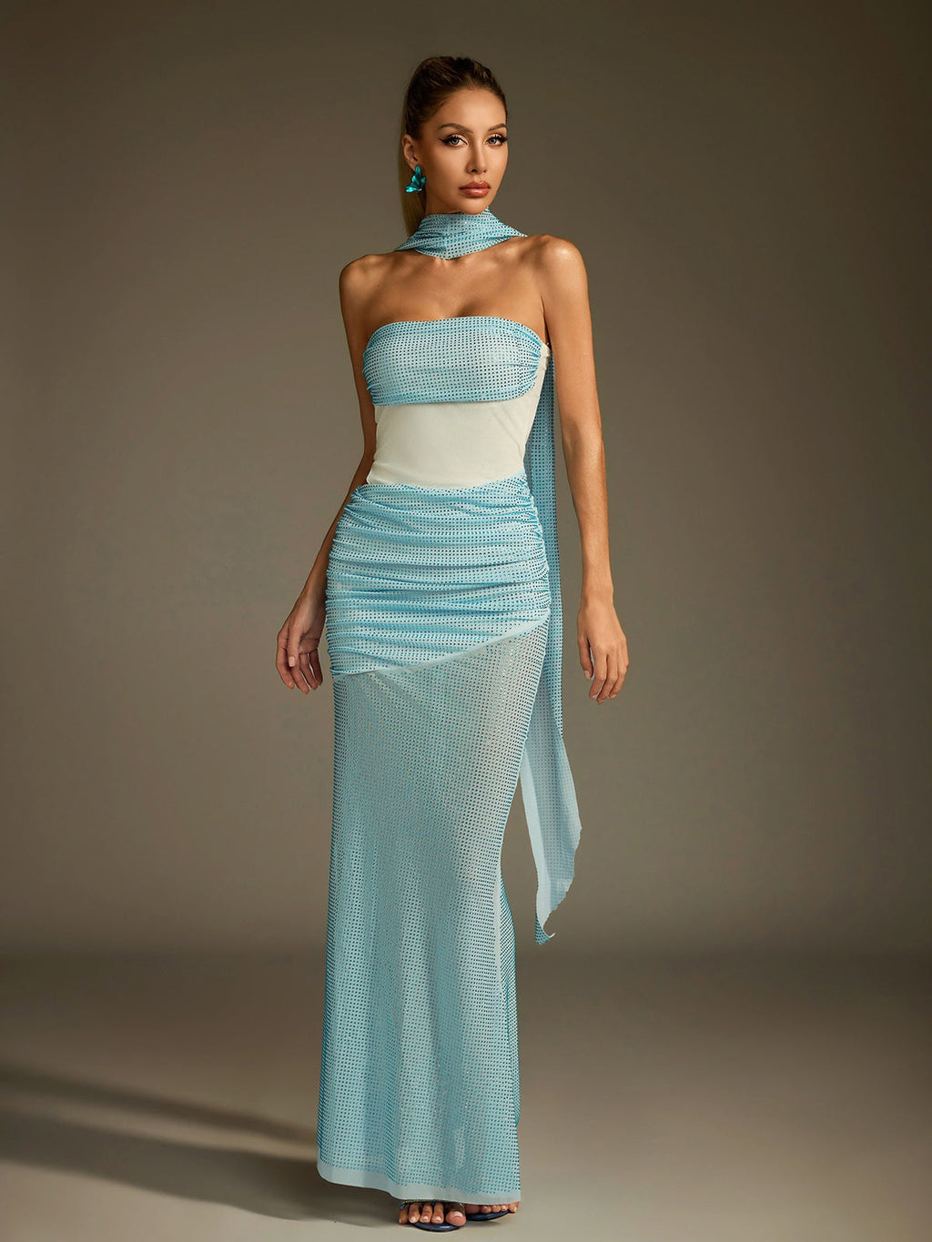maggie off-shoulder Rhinestone Scarf Mesh Maxi Dress Avalabel