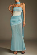 maggie off-shoulder Rhinestone Scarf Mesh Maxi Dress Avalabel