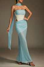 maggie off-shoulder Rhinestone Scarf Mesh Maxi Dress Avalabel