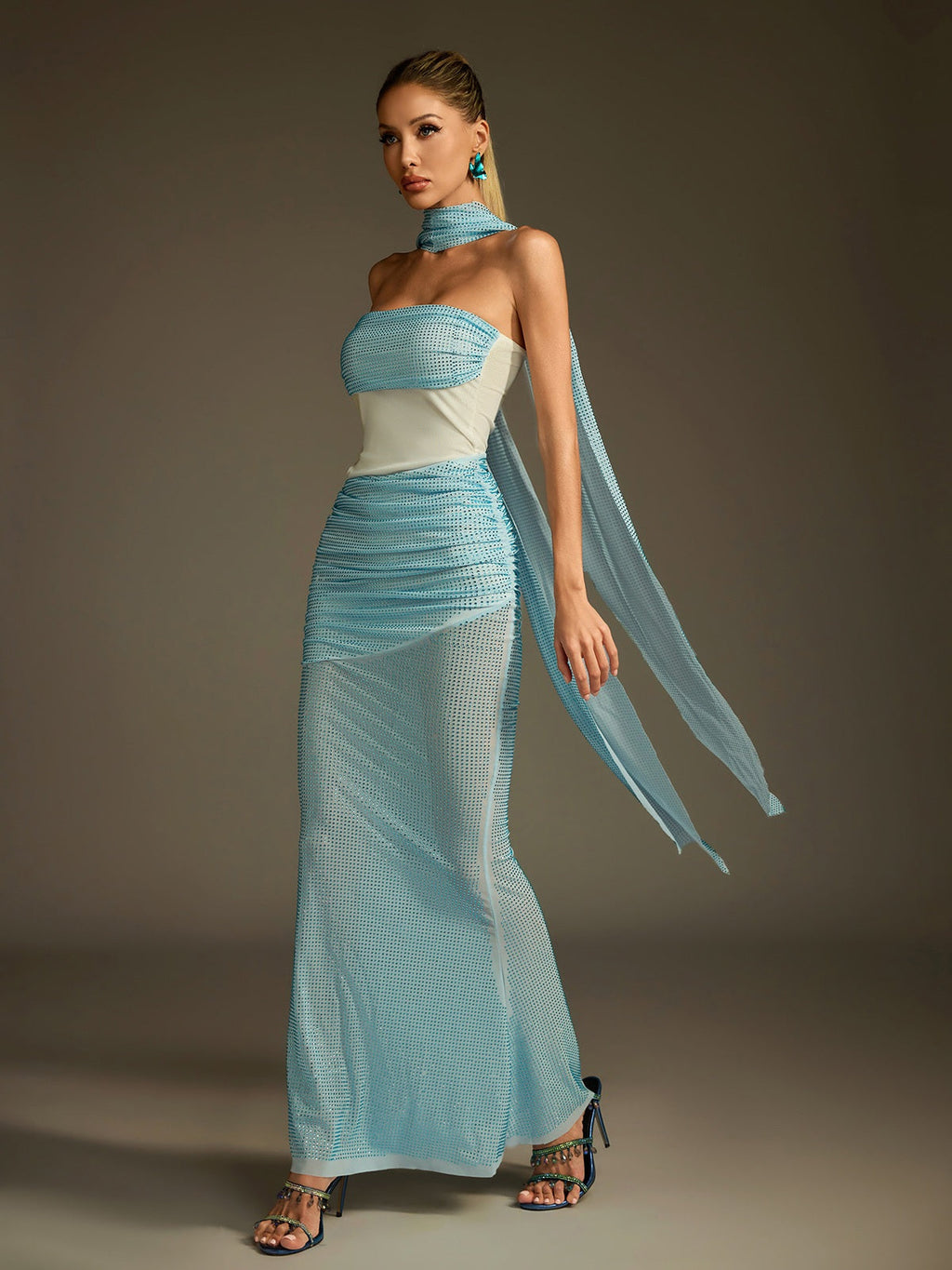 maggie off-shoulder Rhinestone Scarf Mesh Maxi Dress Avalabel