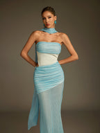 maggie off-shoulder Rhinestone Scarf Mesh Maxi Dress Avalabel