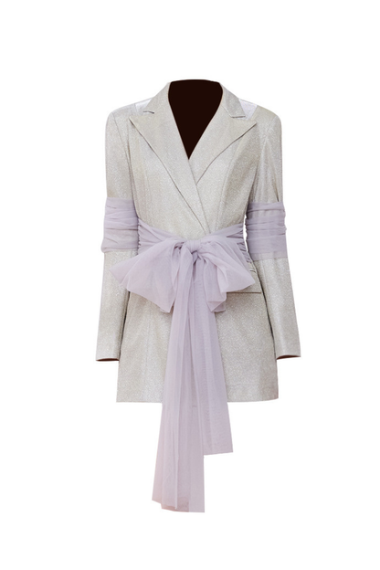 janice Mesh Ribbon Glitter blazer Dress in champagne