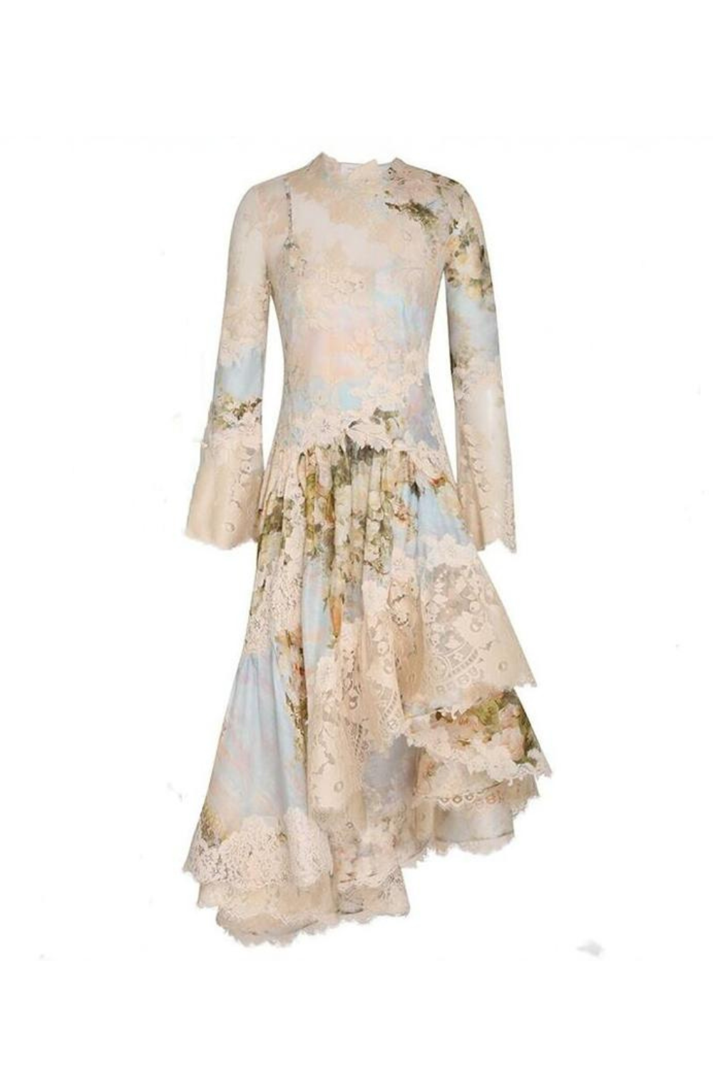 Kristin Long Sleeves Floral Printed Asymmetric Lace Maxi Dress Avalabel