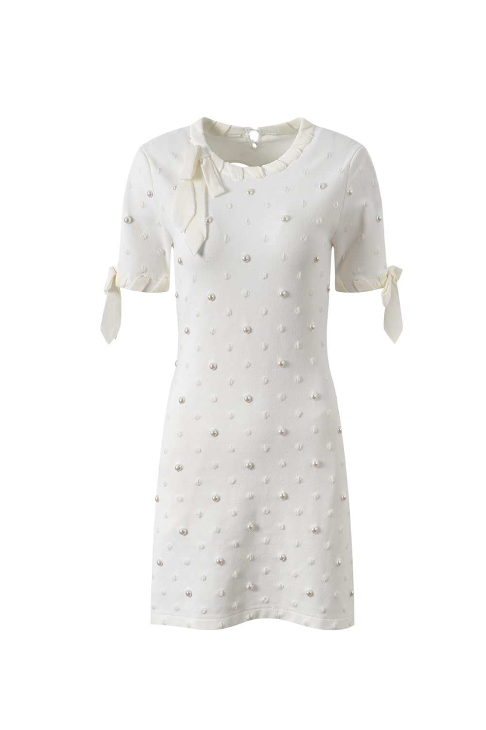 Round Neck Short Sleeves Pearl Dot Printed Mini Dress Avalabel