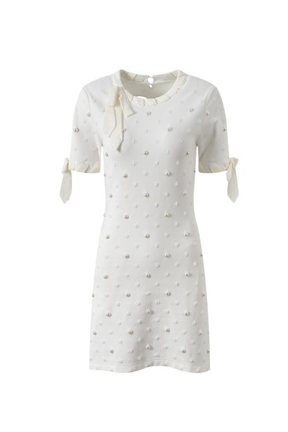 Round Neck Short Sleeves Pearl Dot Printed Mini Dress