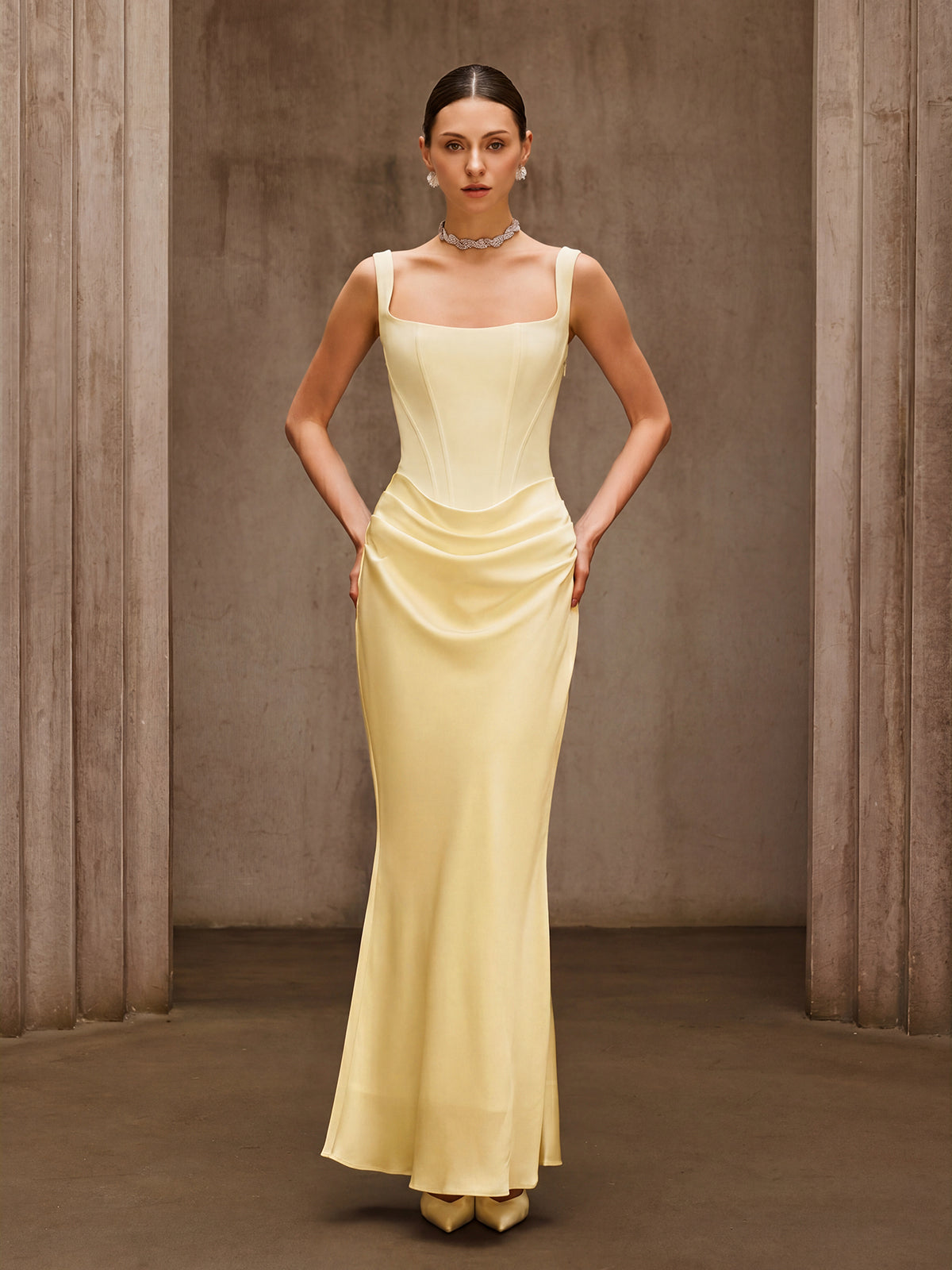 Duyen Sleeveless Corset Maxi Dress In Beige Avalabel