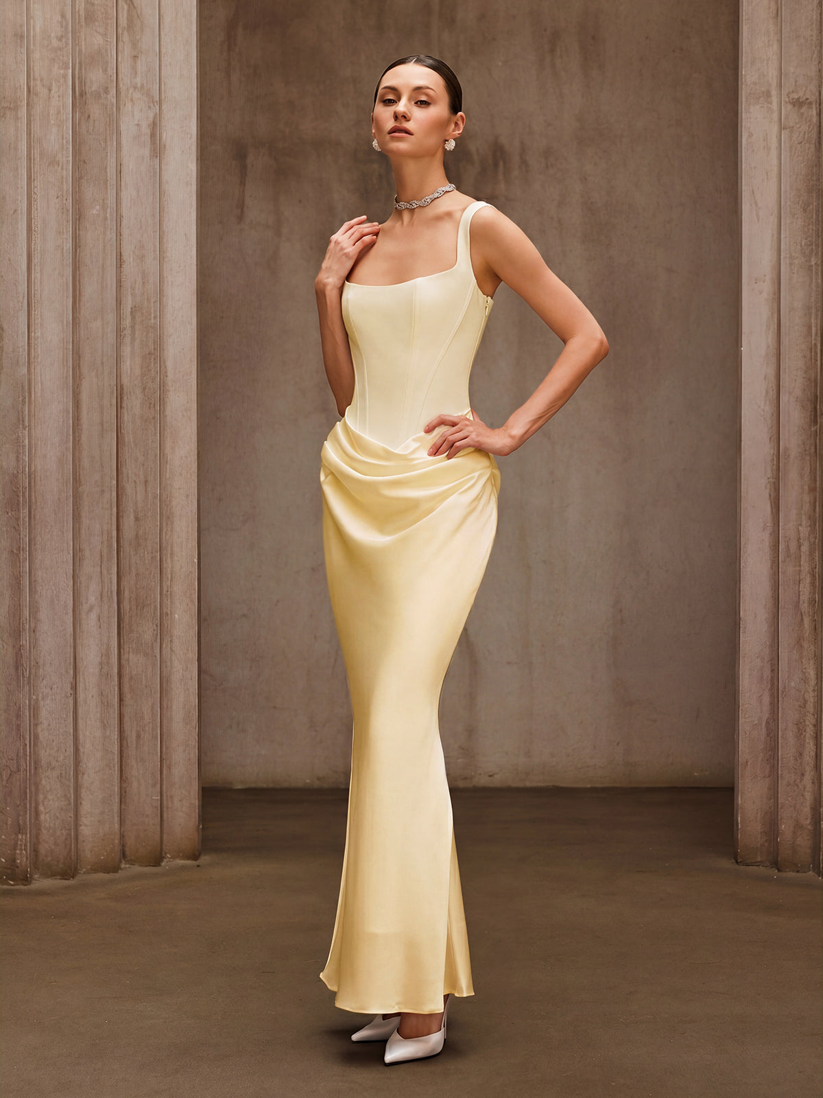 Duyen Sleeveless Corset Maxi Dress In Beige Avalabel