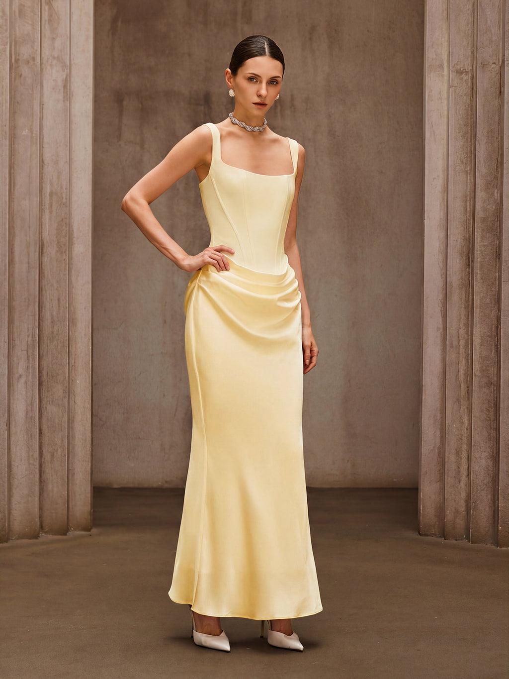 Duyen Sleeveless Corset Maxi Dress In Beige Avalabel