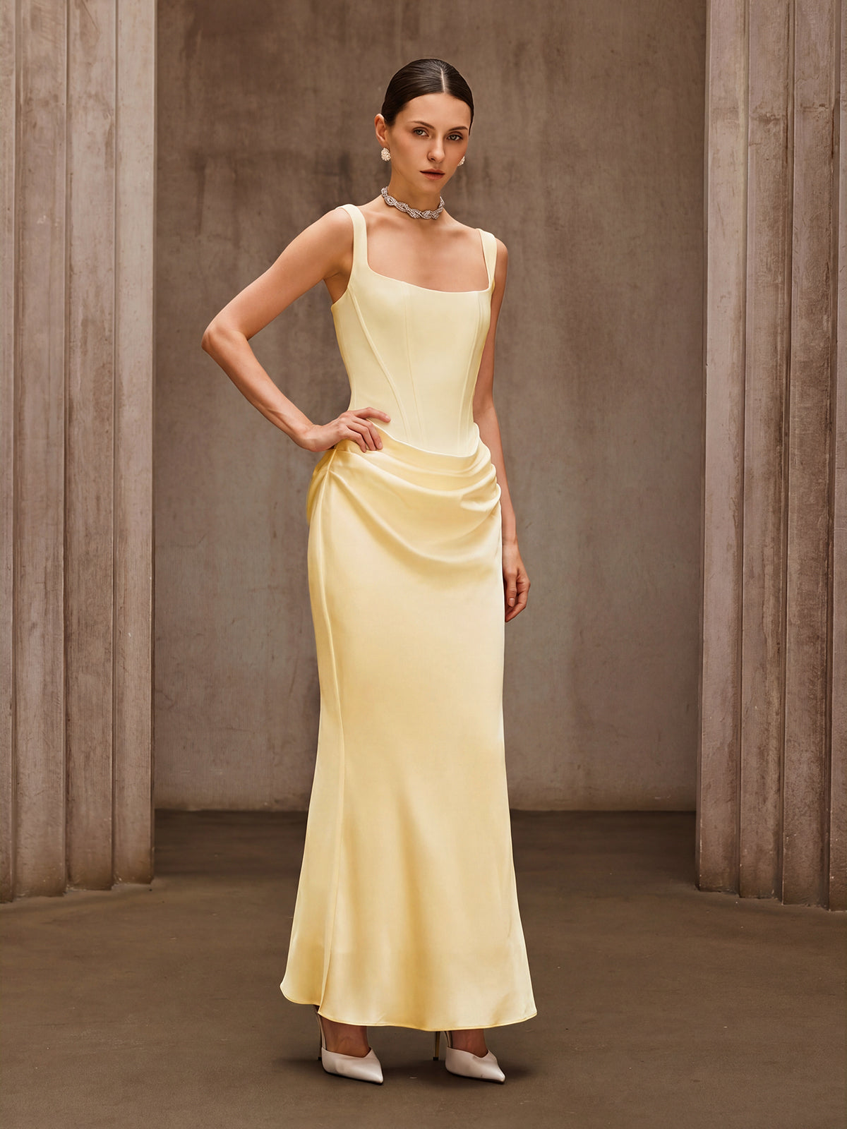 Duyen Sleeveless Corset Maxi Dress In Beige Avalabel