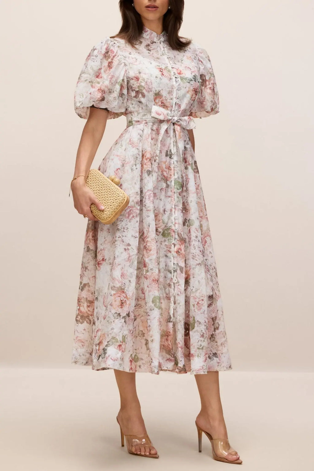 philipppa multicolor Floral Print Puff Sleeve Midi Dress Avalabel