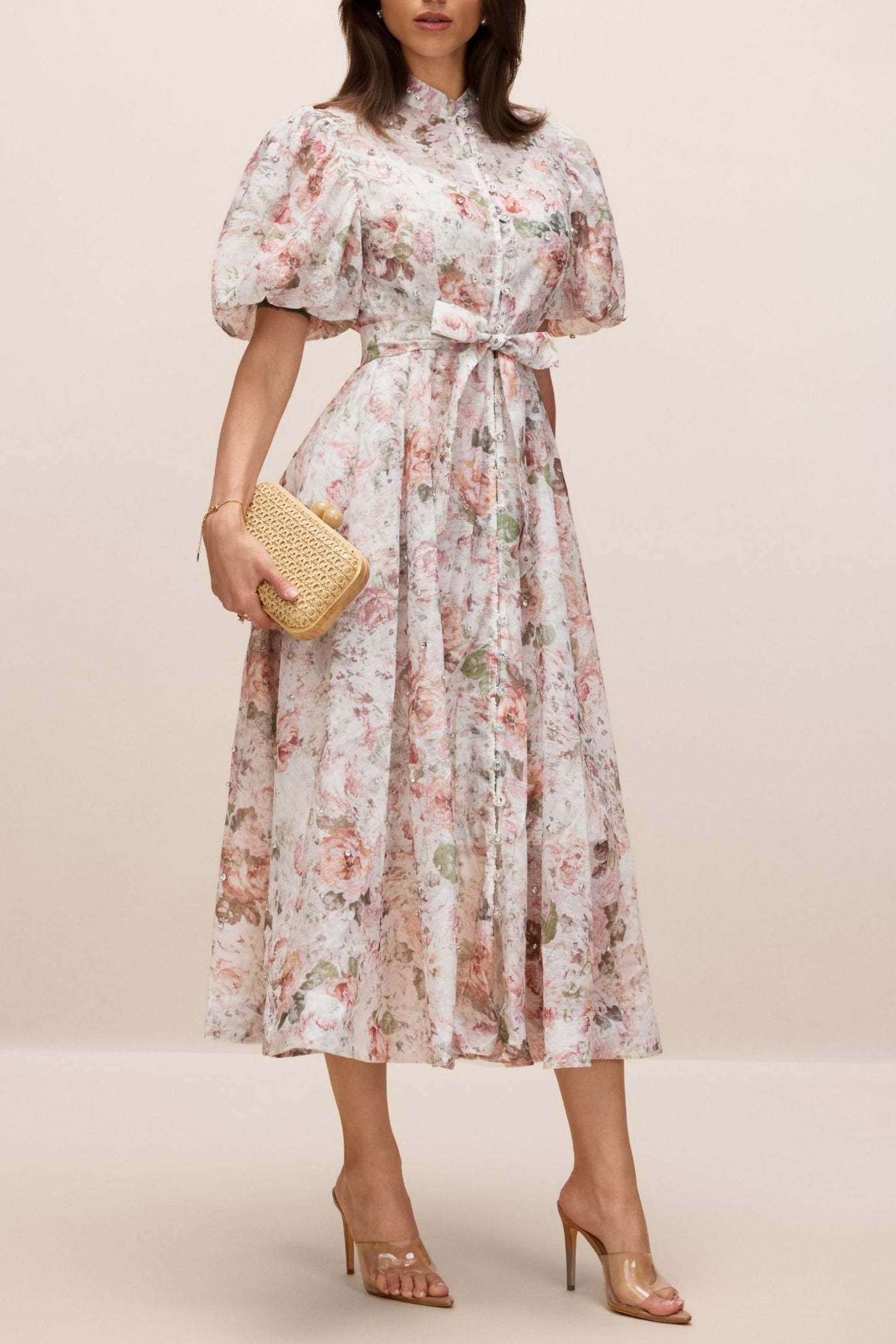 philipppa multicolor Floral Print Puff Sleeve Midi Dress