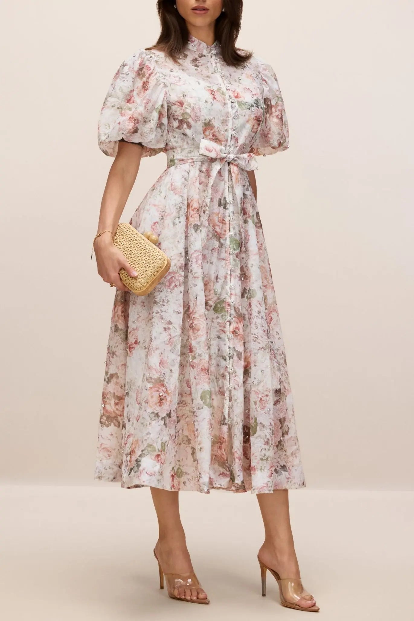 philipppa multicolor Floral Print Puff Sleeve Midi Dress Avalabel