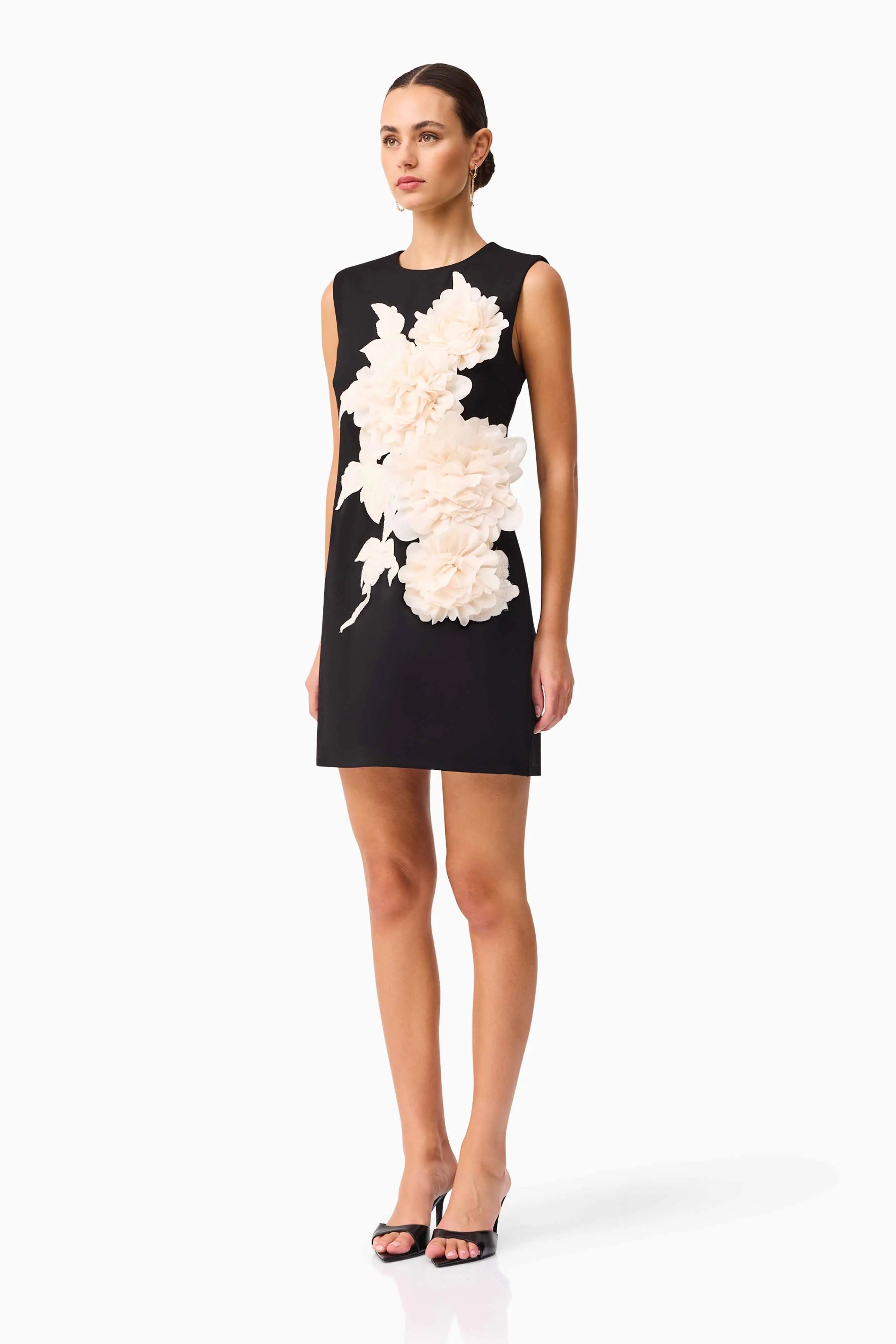 mandy 3d flower embellished Mini Dress in Black Avalabel