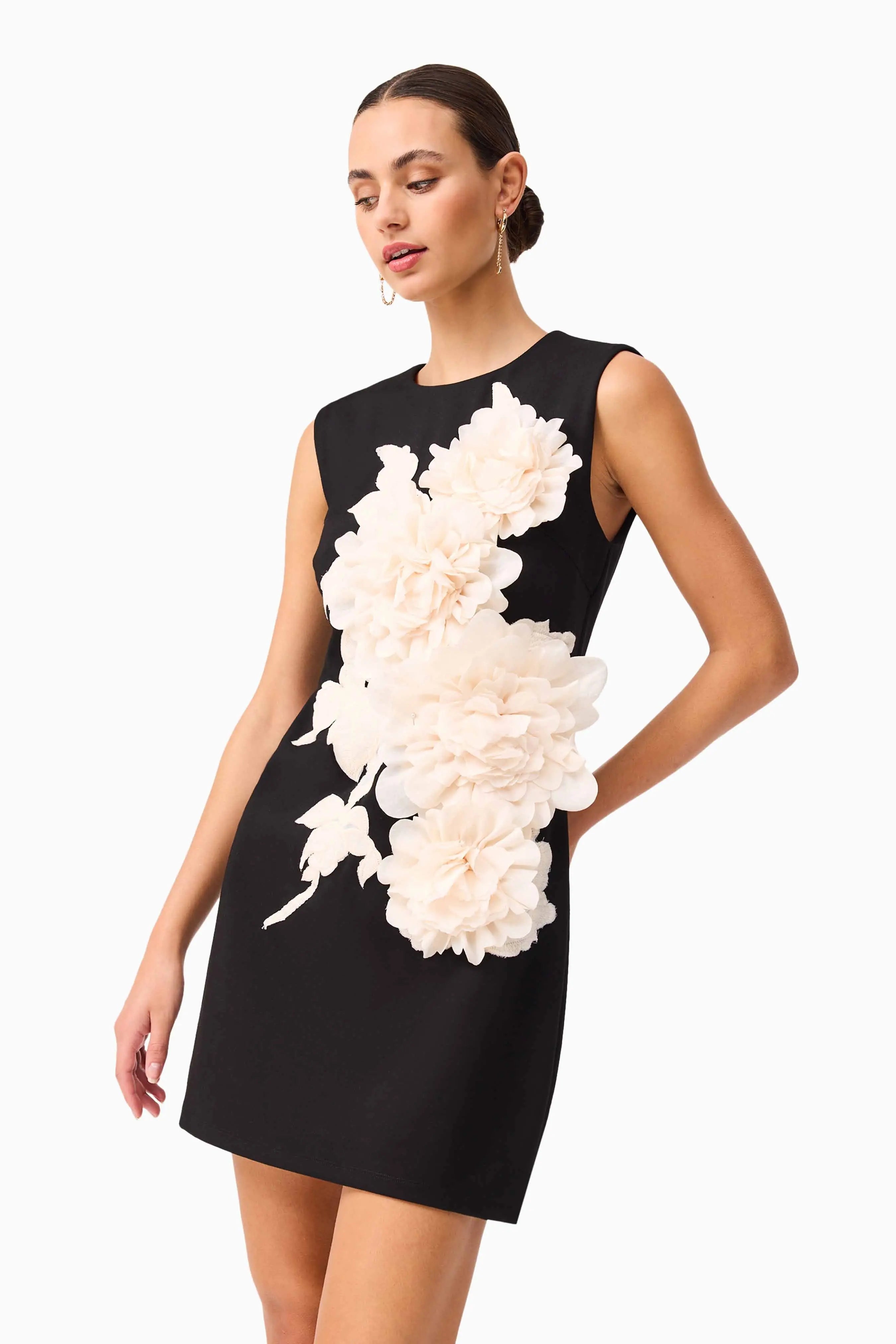 mandy 3d flower embellished Mini Dress in Black Avalabel
