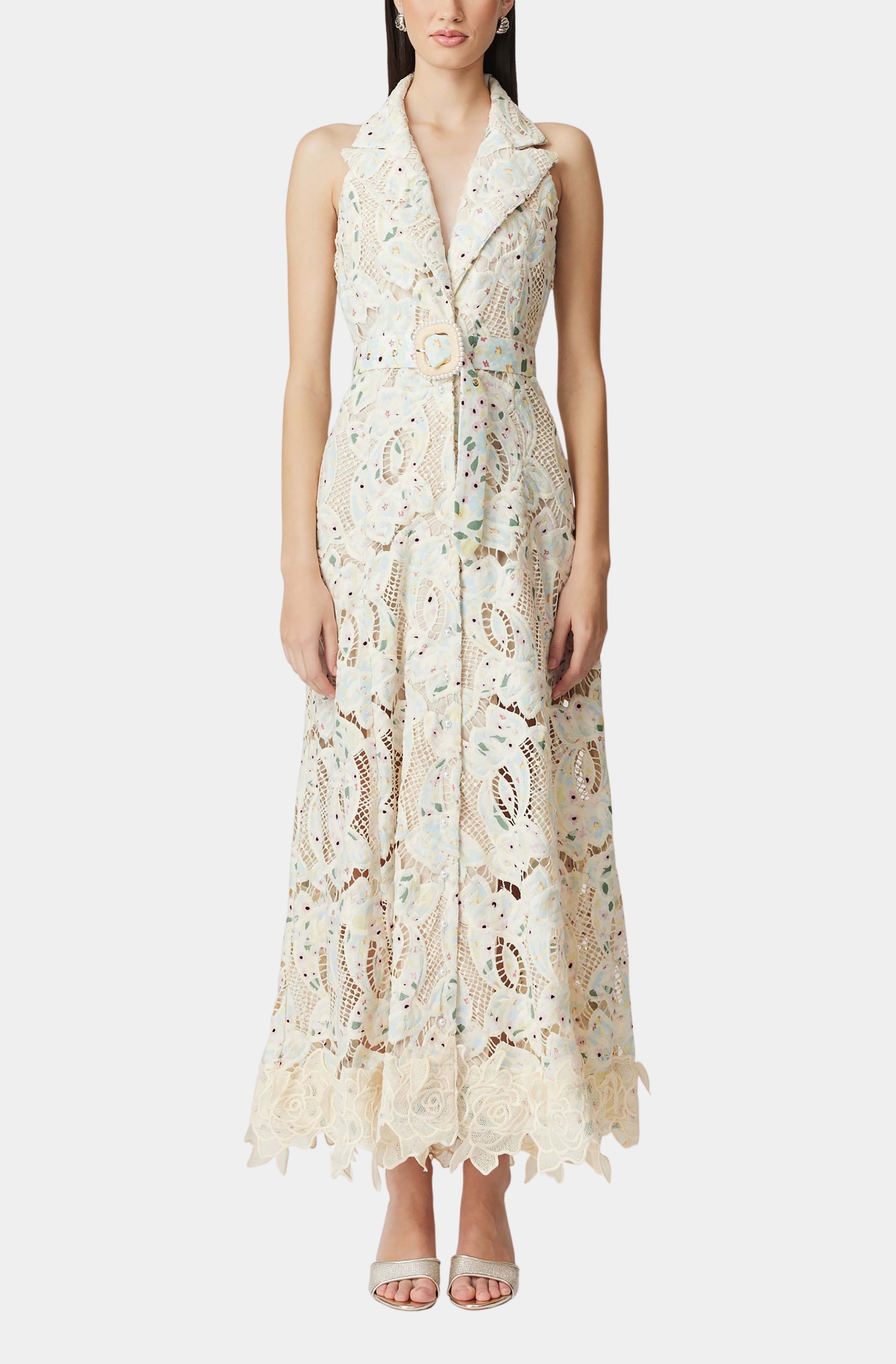 Chloe Sleeveless Hollow Lace Maxi Dress in Beige Avalabel