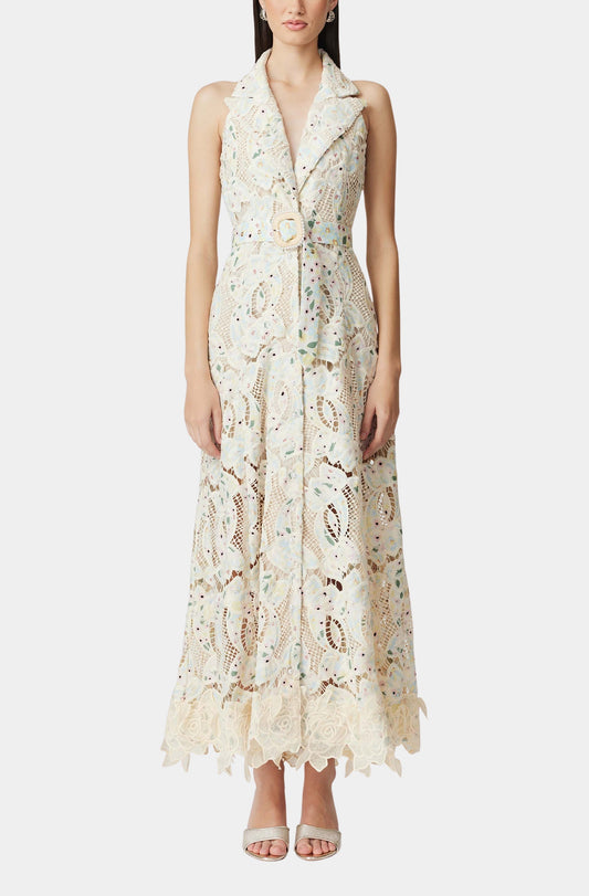 Chloe Sleeveless Hollow Lace Maxi Dress in Beige