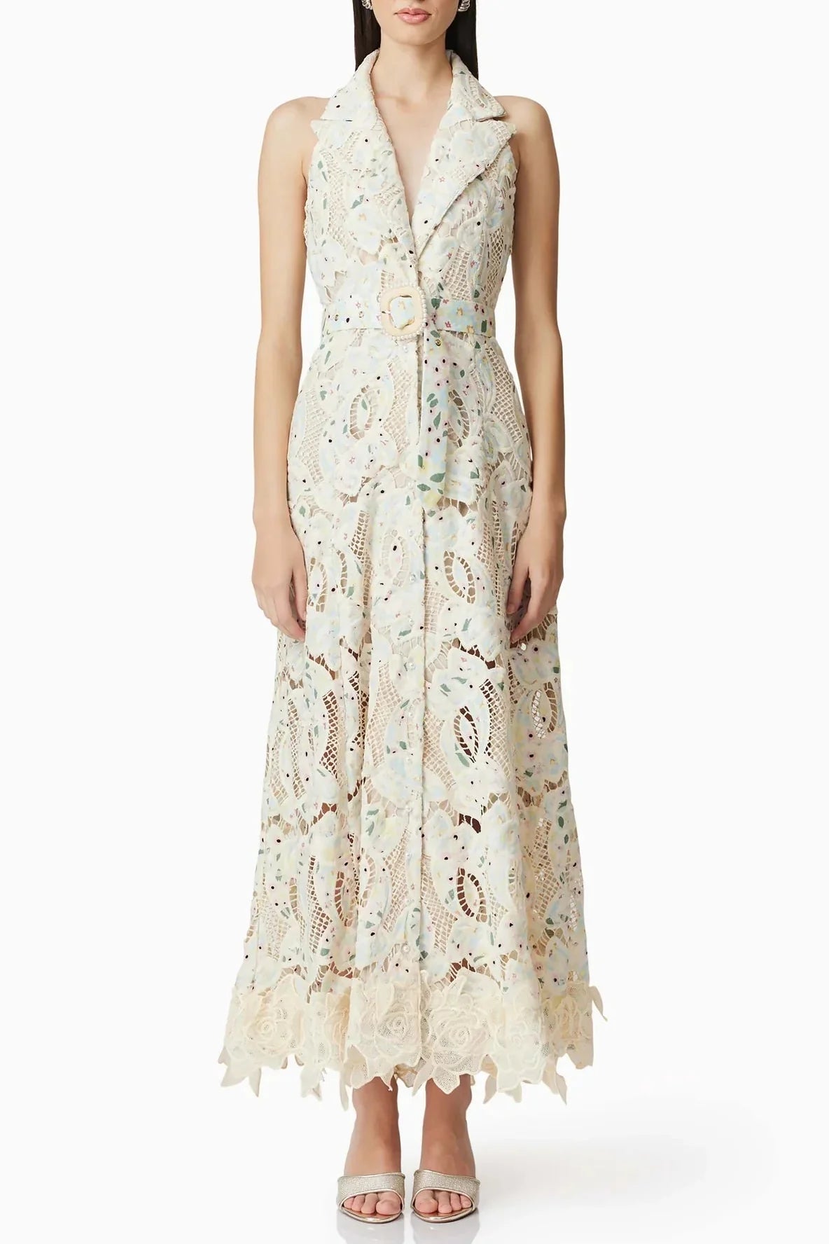 Lisa V-Neck Floral Embroidery Hollow Maxi Dress in Beige