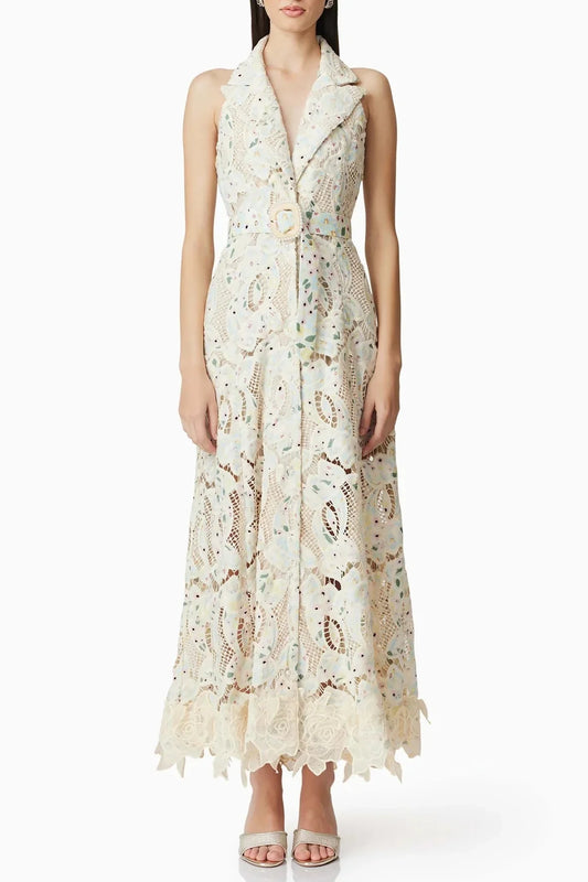 Lisa V-Neck Floral Embroidery Hollow Maxi Dress in Beige
