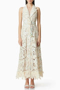 Lisa V-Neck Floral Embroidery Hollow Maxi Dress in Beige Avalabel