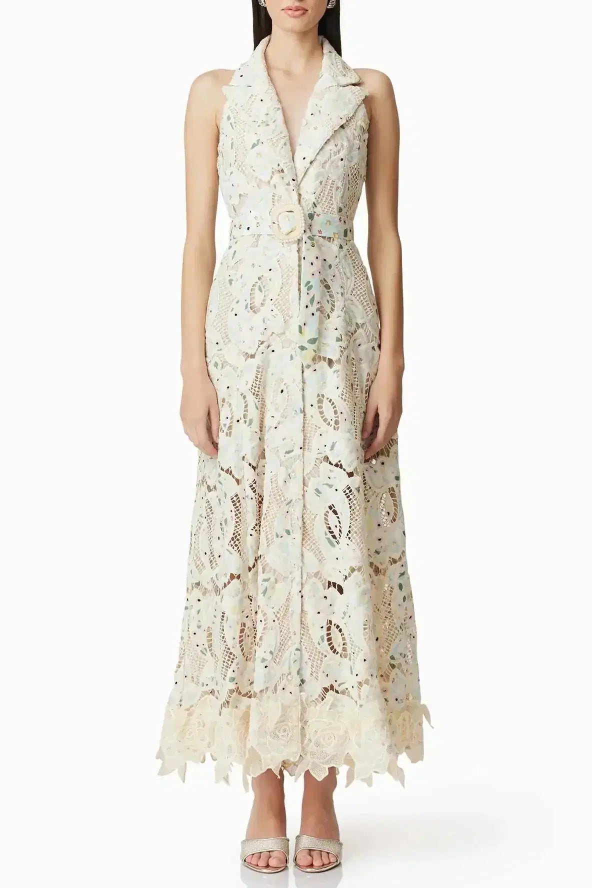 Lisa V-Neck Floral Embroidery Hollow Maxi Dress in Beige Avalabel