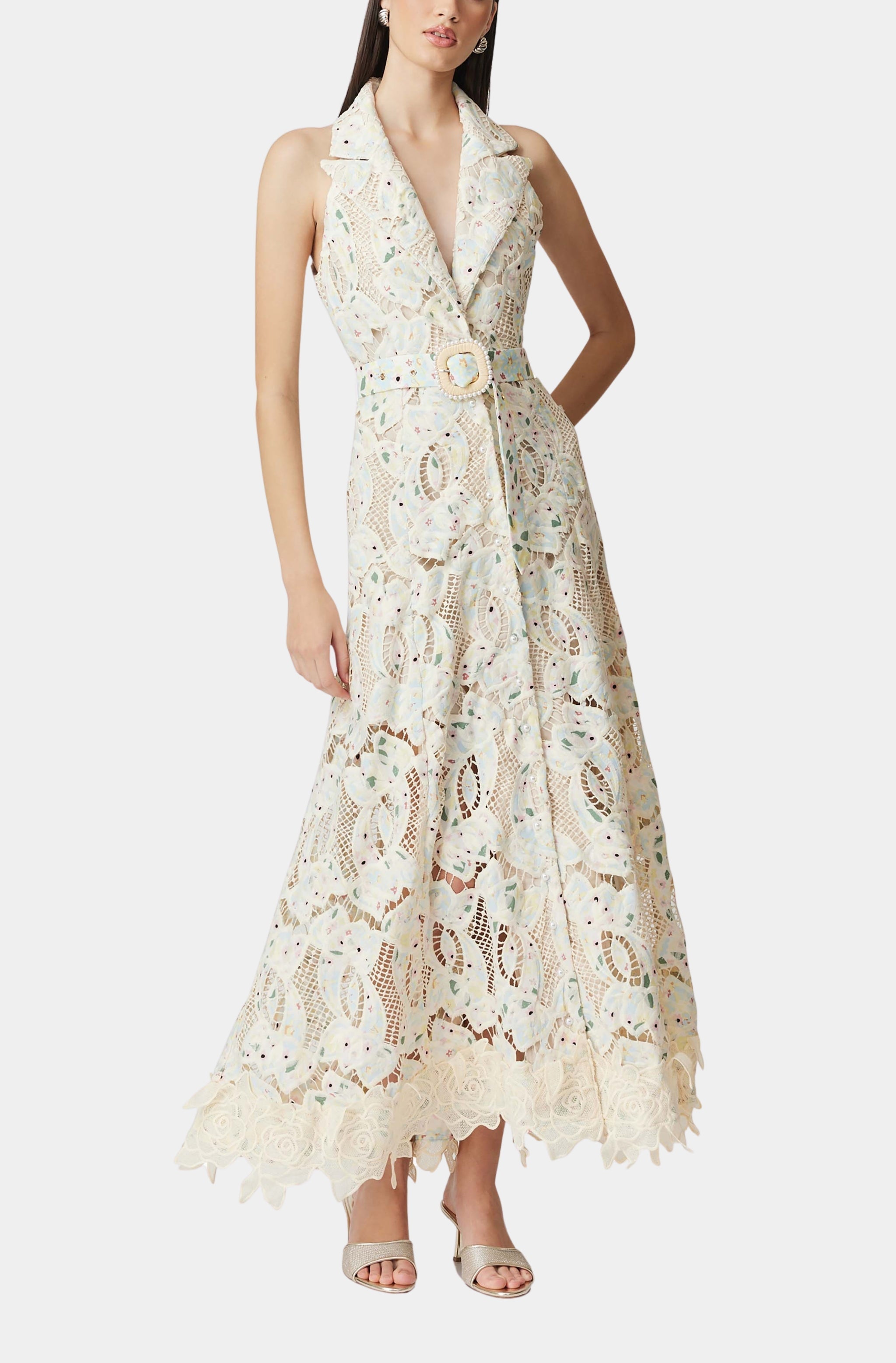 Chloe Sleeveless Hollow Lace Maxi Dress in Beige Avalabel