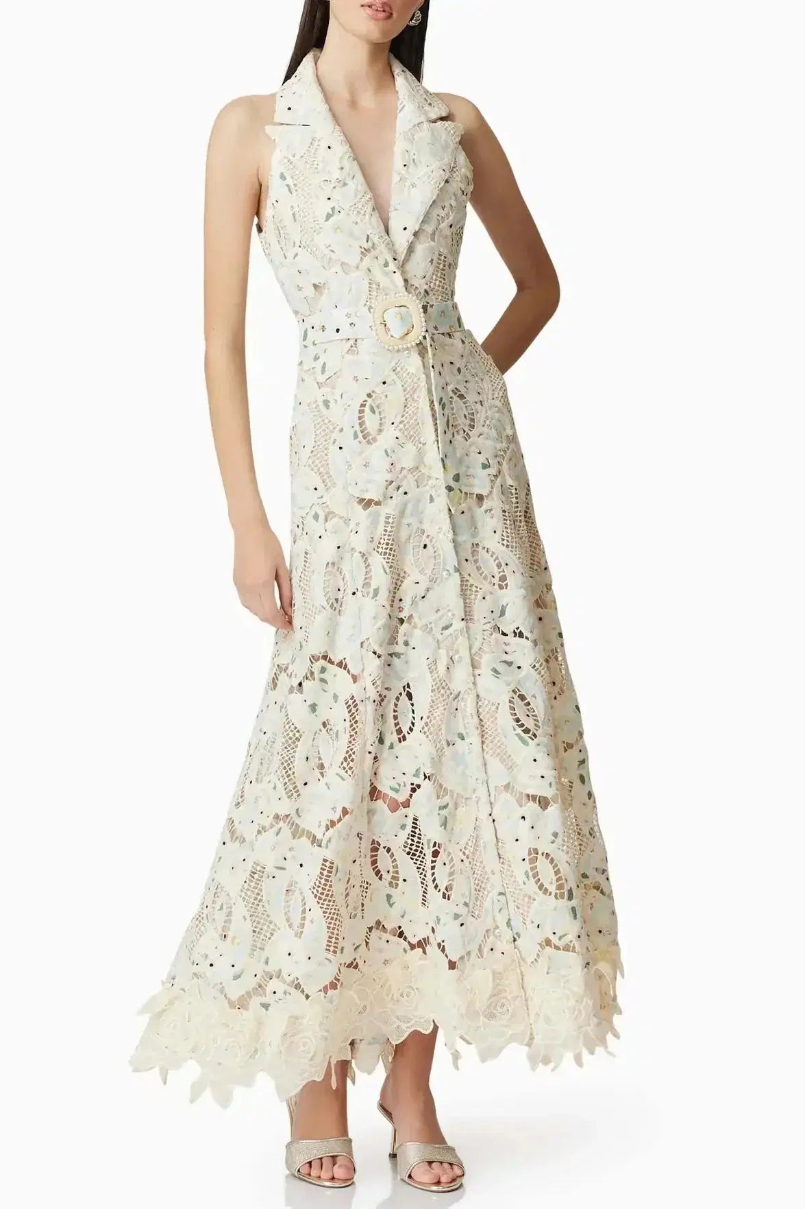 Lisa V-Neck Floral Embroidery Hollow Maxi Dress in Beige Avalabel