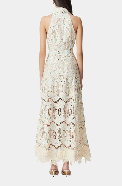 Chloe Sleeveless Hollow Lace Maxi Dress in Beige