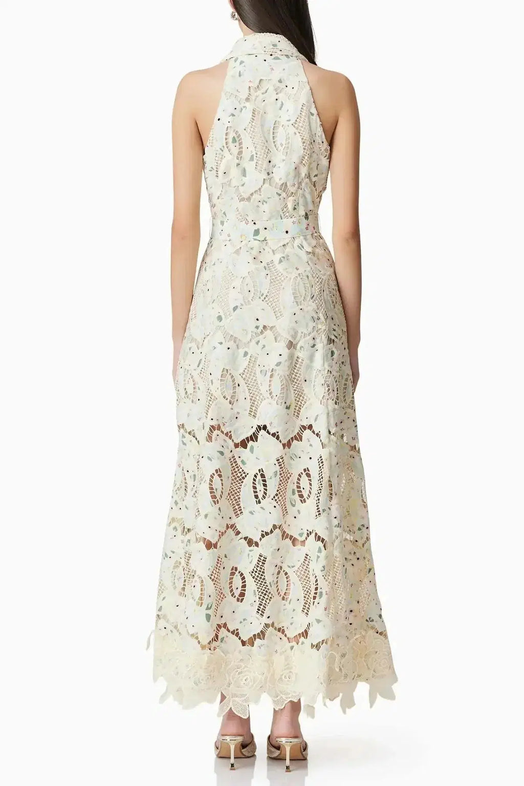 Lisa V-Neck Floral Embroidery Hollow Maxi Dress in Beige Avalabel