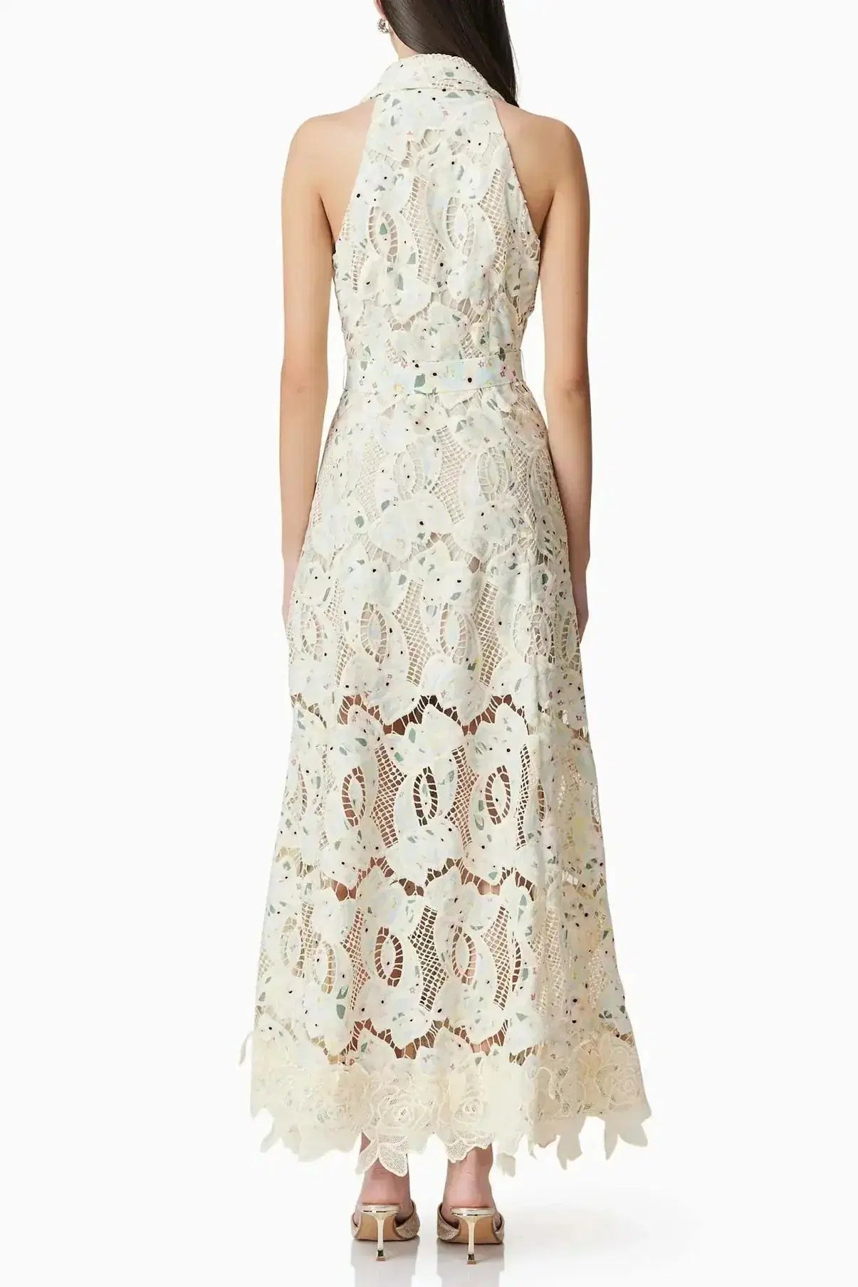 Lisa V-Neck Floral Embroidery Hollow Maxi Dress in Beige Avalabel