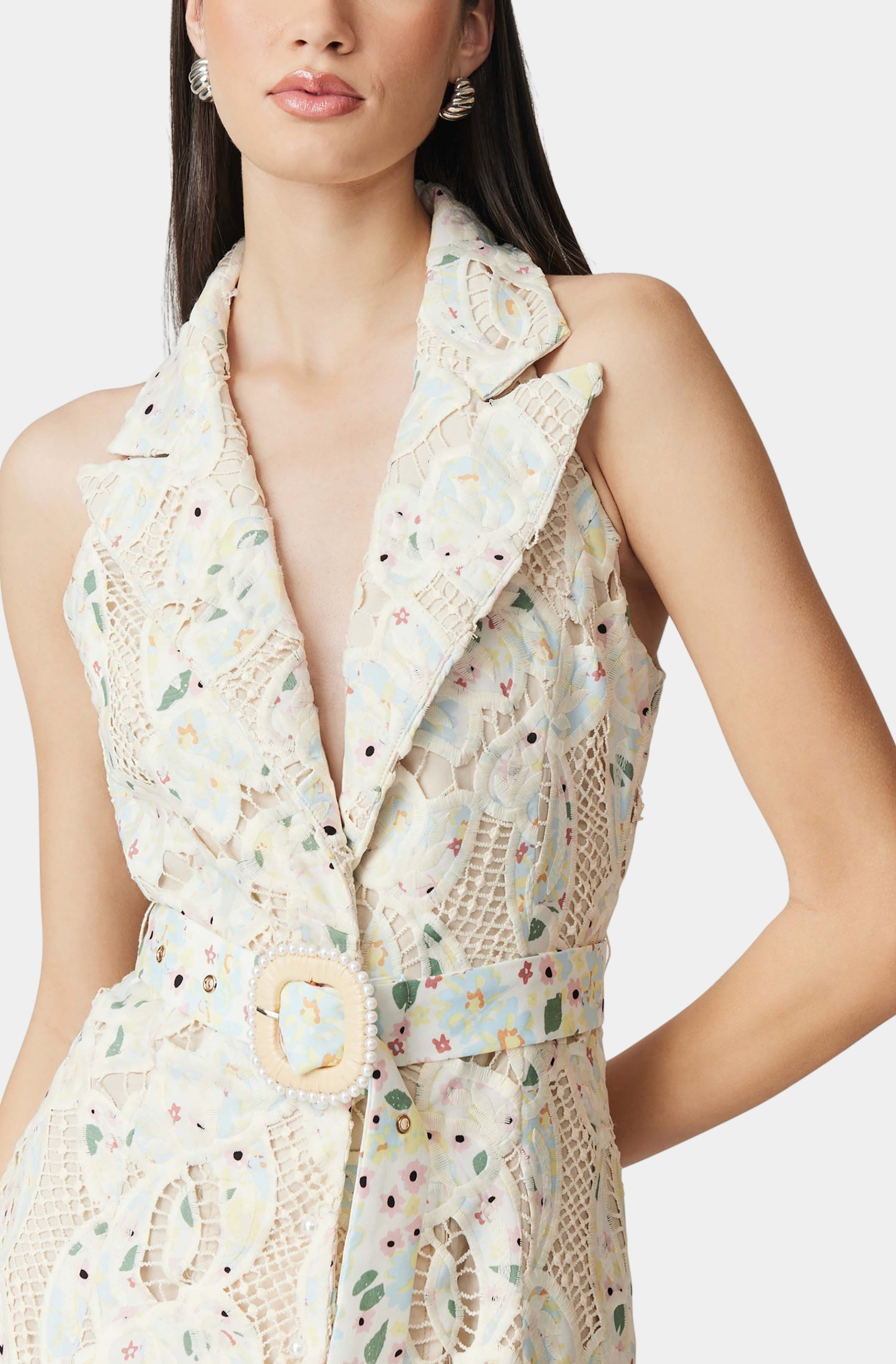 Chloe Sleeveless Hollow Lace Maxi Dress in Beige Avalabel