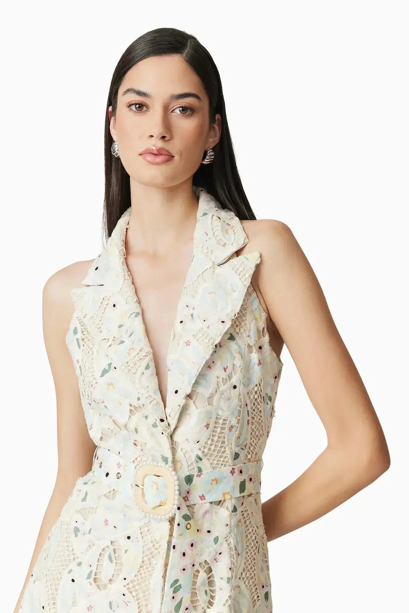 Lisa V-Neck Floral Embroidery Hollow Maxi Dress in Beige Avalabel