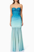 Gradient Mesh Splicing Bodycon Strapless Maxi Dress In Blue Avalabel