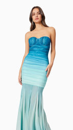 Gradient Mesh Splicing Bodycon Strapless Maxi Dress In Blue Avalabel