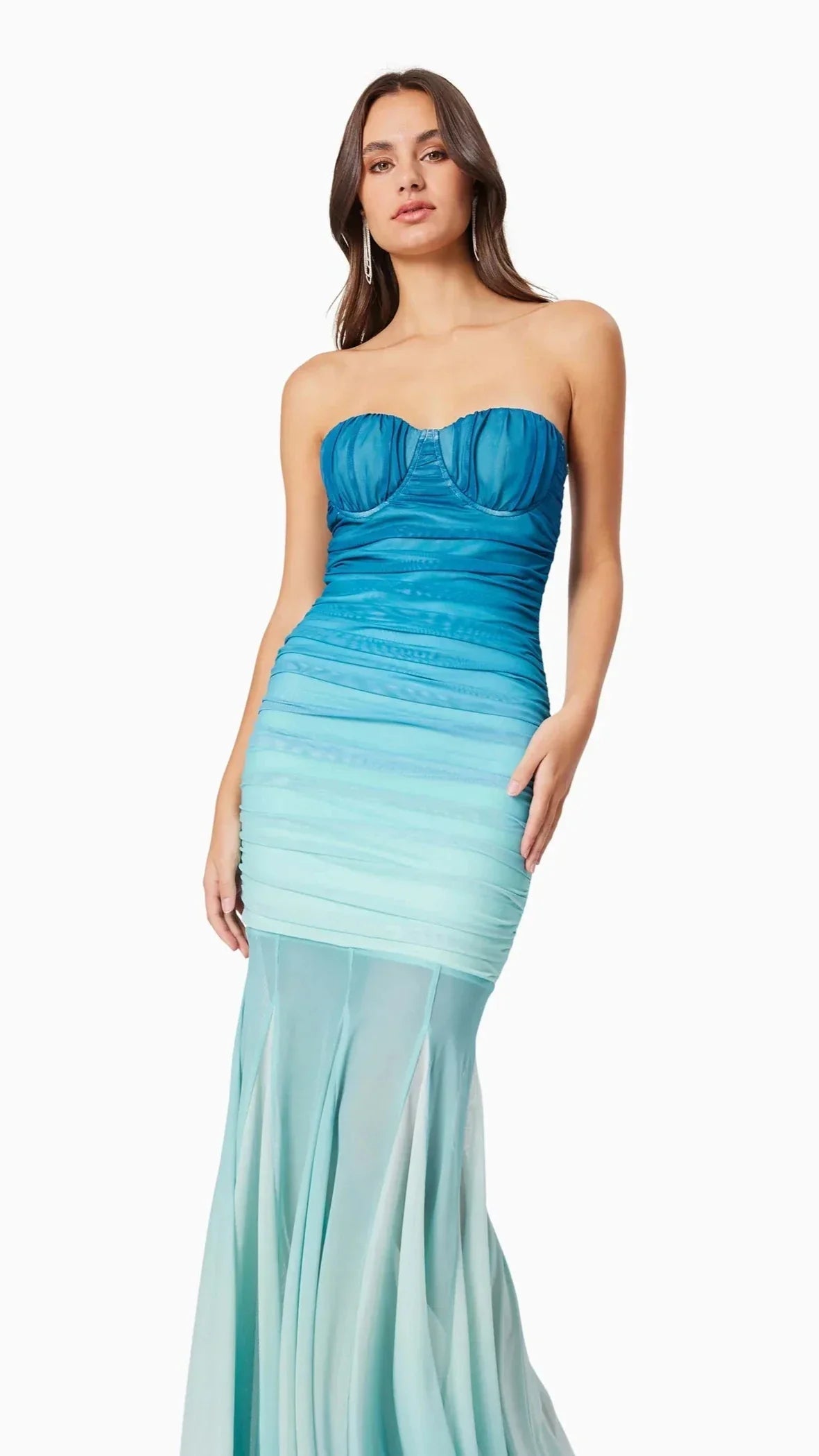 Gradient Mesh Splicing Bodycon Strapless Maxi Dress In Blue Avalabel
