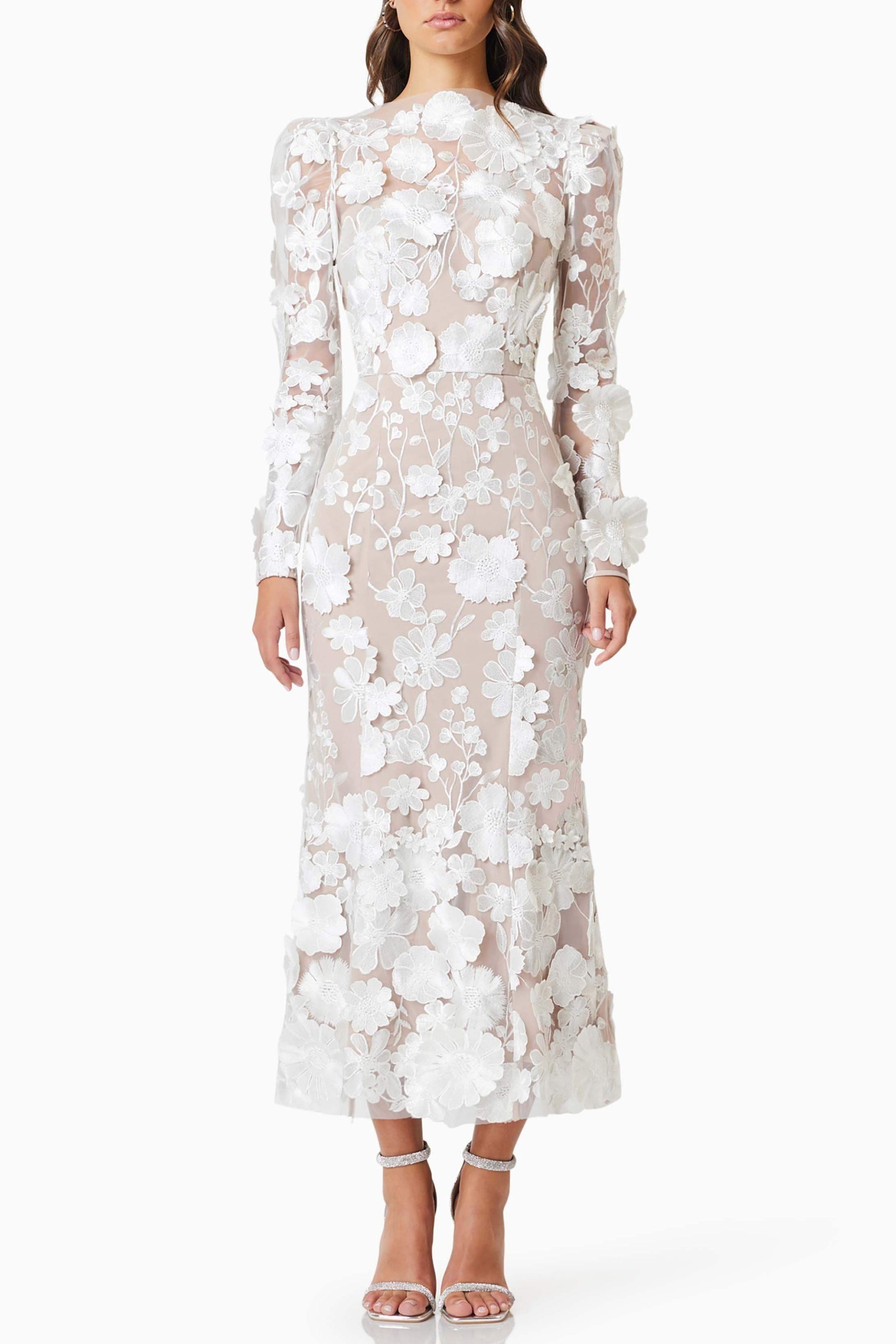 Shannon 3D Floral Midi Dress In White Avalabel