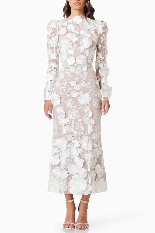 Shannon 3D Floral Midi Dress In White