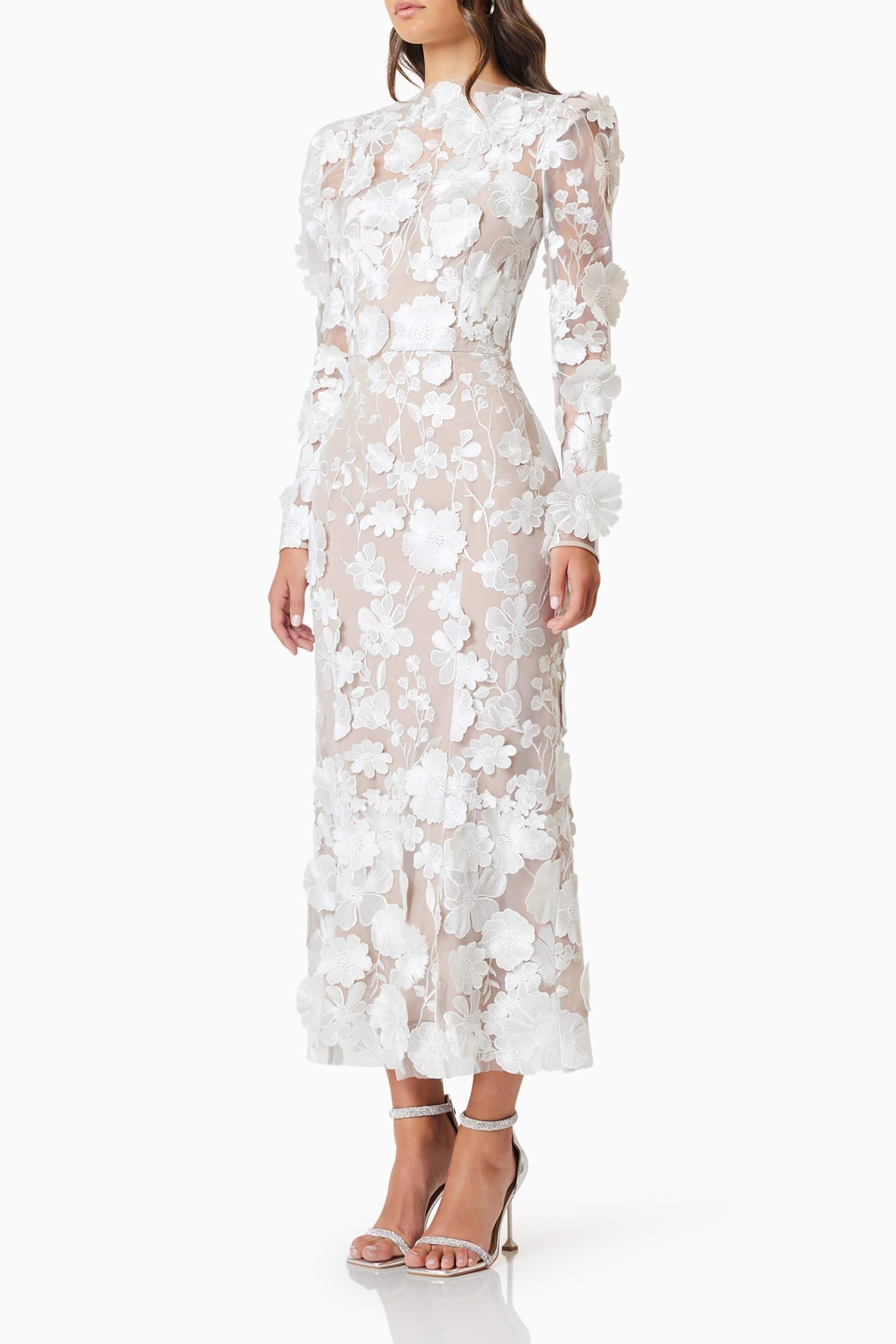 Shannon 3D Floral Midi Dress In White Avalabel