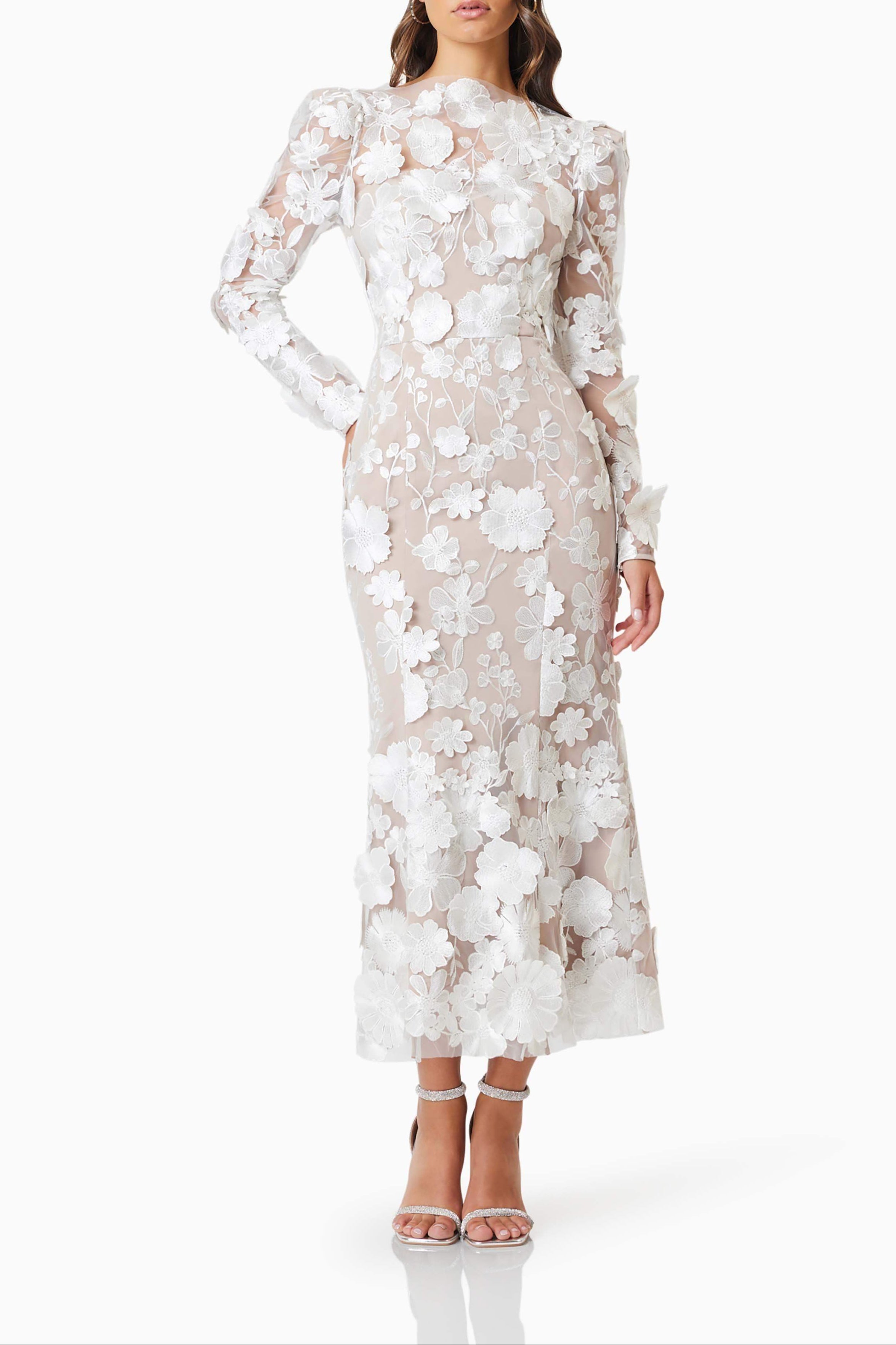 Shannon 3D Floral Midi Dress In White Avalabel