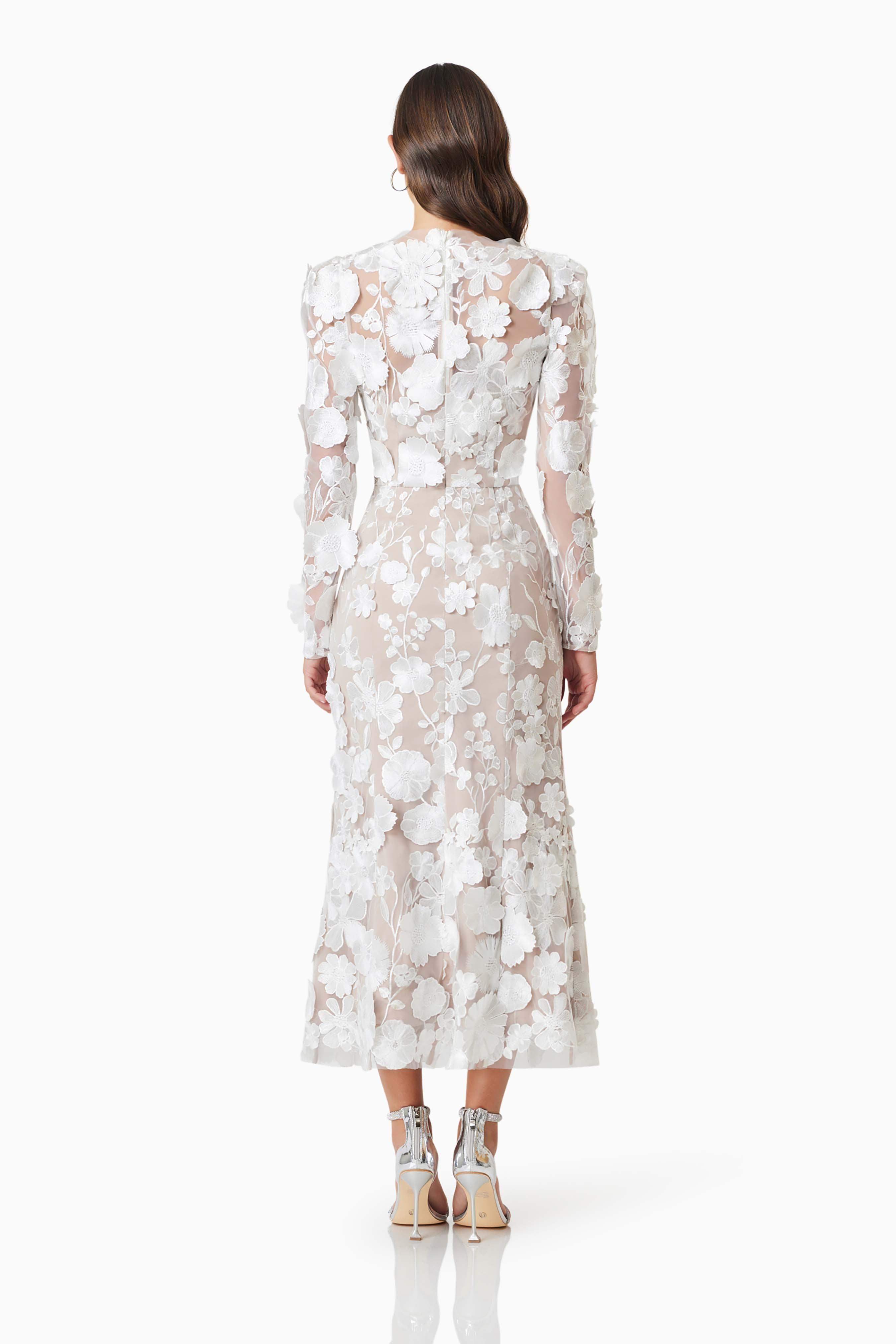 Shannon 3D Floral Midi Dress In White Avalabel