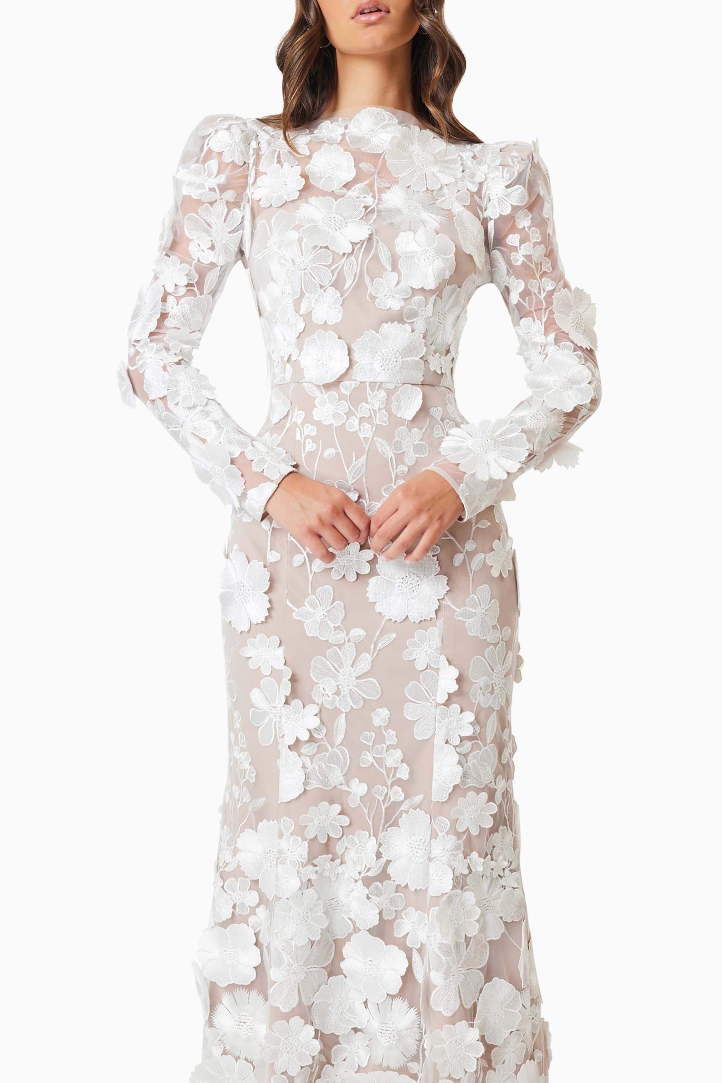 Shannon 3D Floral Midi Dress In White Avalabel
