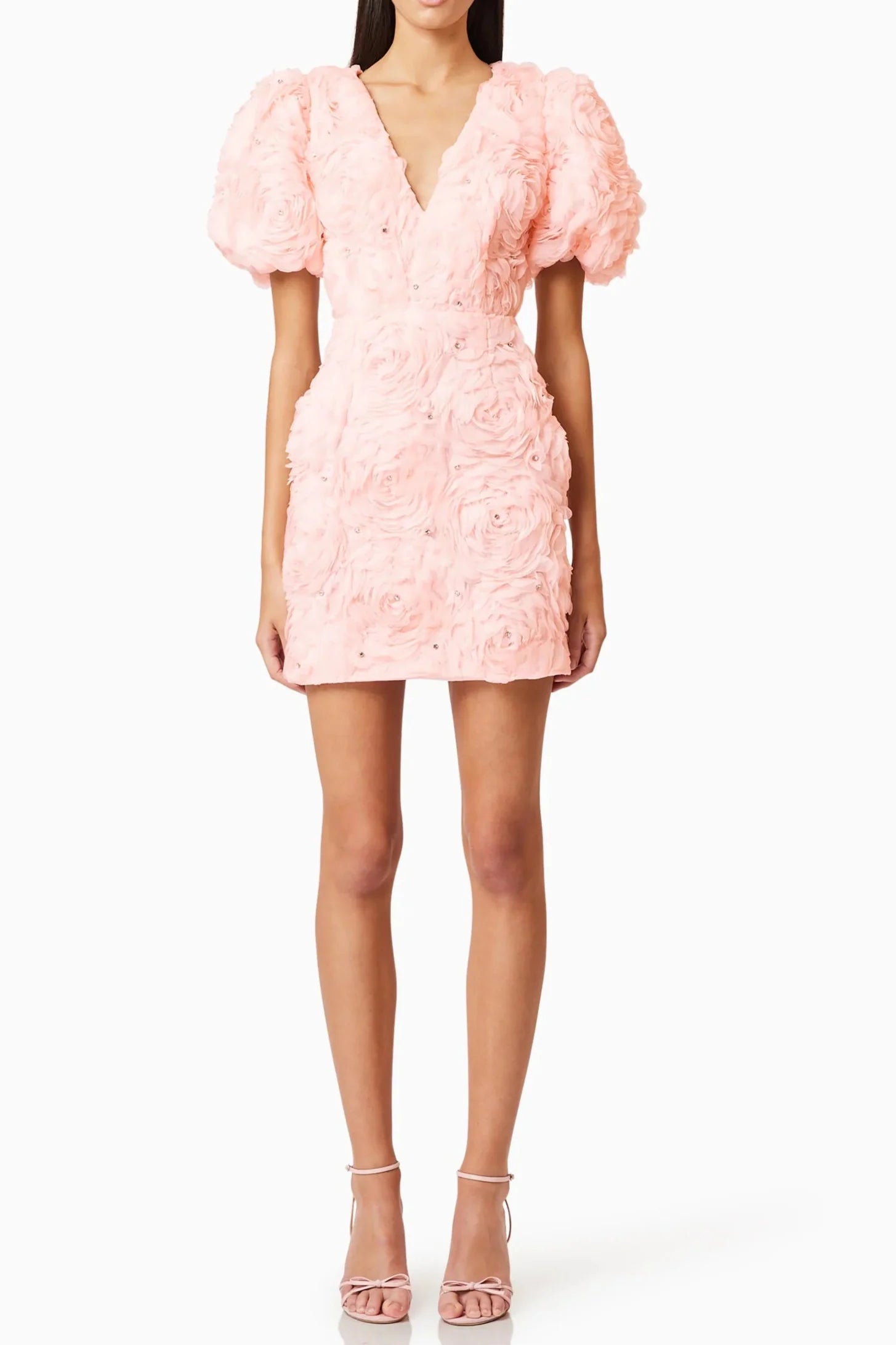 v-Neck Flower Embellished Puff Mini Dress in Ballet Pink Avalabel