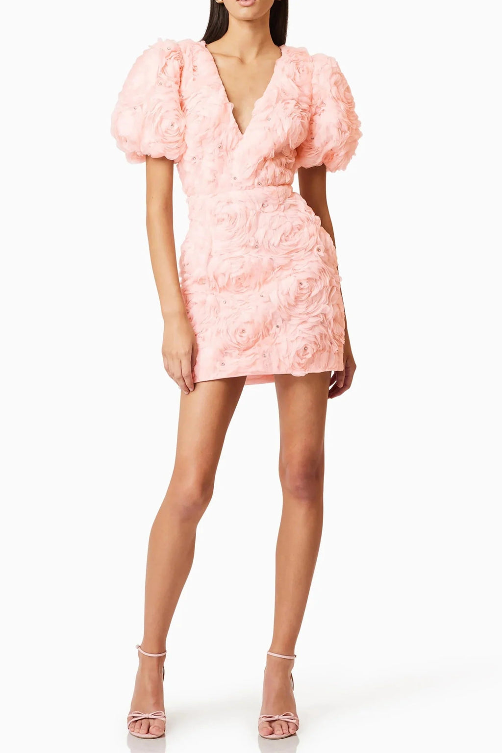 v-Neck Flower Embellished Puff Mini Dress in Ballet Pink Avalabel