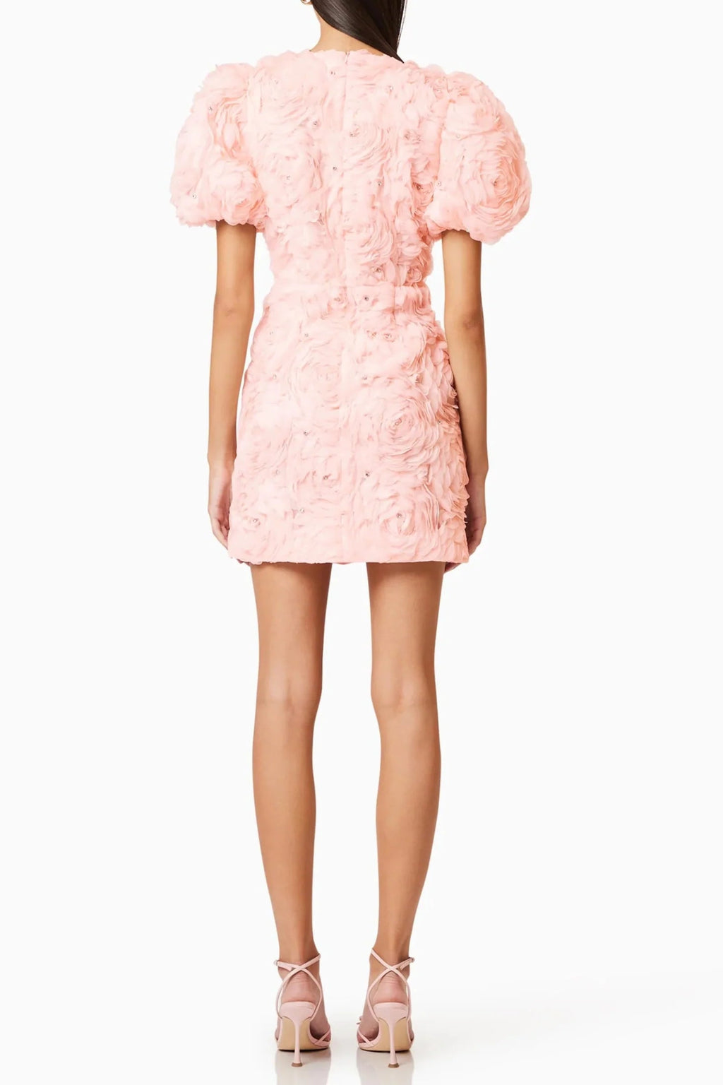 v-Neck Flower Embellished Puff Mini Dress in Ballet Pink Avalabel
