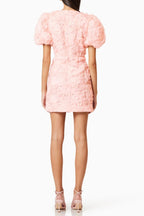 v-Neck Flower Embellished Puff Mini Dress in Ballet Pink Avalabel