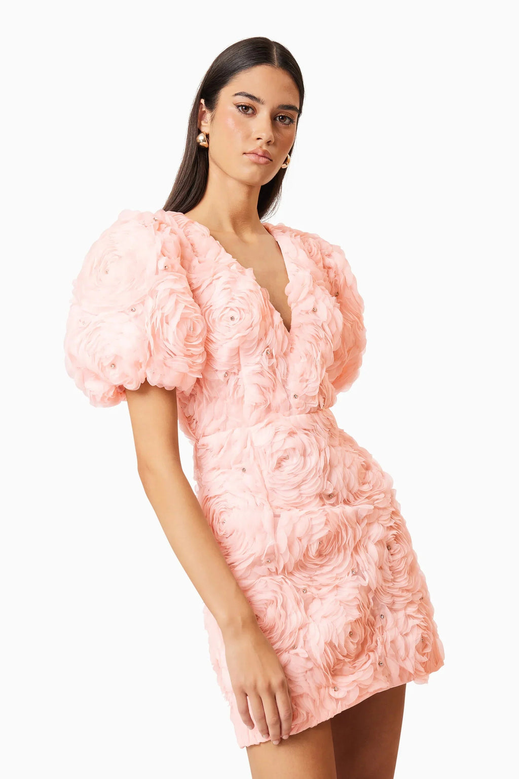 v-Neck Flower Embellished Puff Mini Dress in Ballet Pink Avalabel