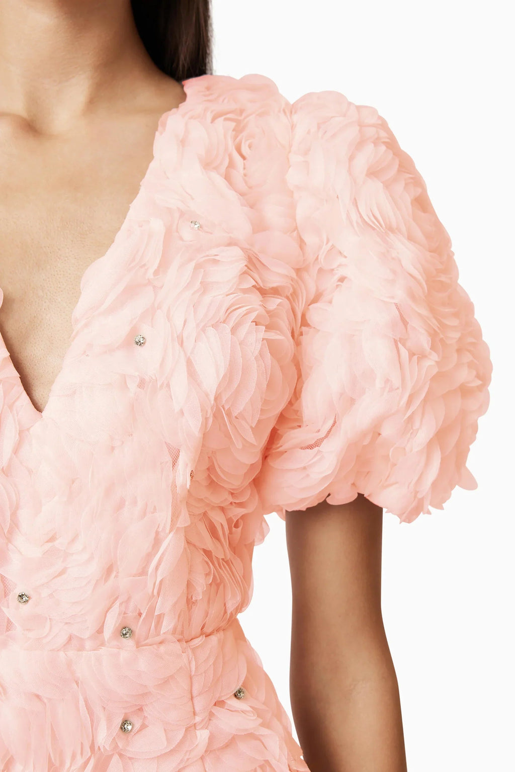 v-Neck Flower Embellished Puff Mini Dress in Ballet Pink Avalabel