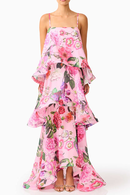 Sandy Tiered Maxi Dress In Pink Floral
